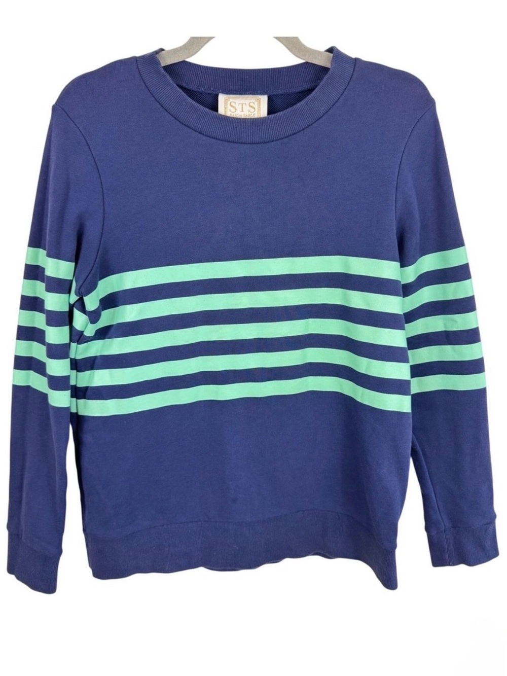 Sail to Sable STS Womens Navy Blue Mint Green Striped Cotton Sweatshirt Small